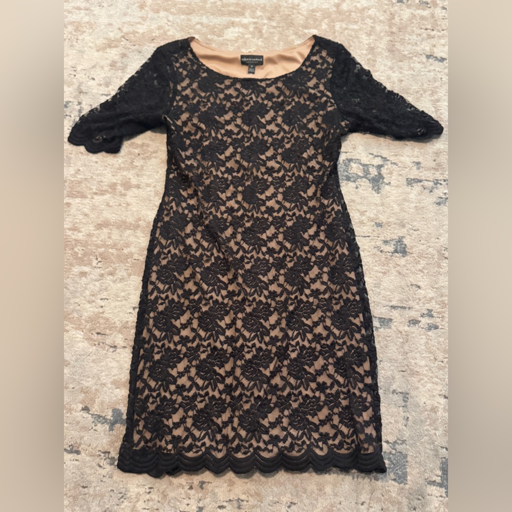 Connected Apparel Tan and Black Lace Midi Pull On Dress Size 12